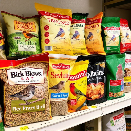 Various bird seed packs on shelf