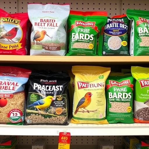 Various bird seed packs on shelf