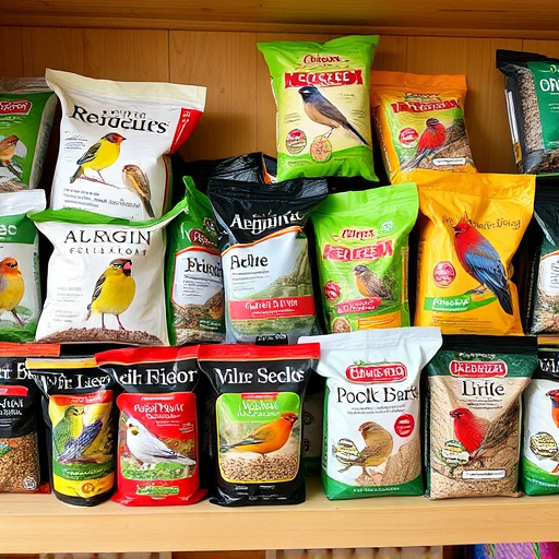 Various bird seed packs on shelf