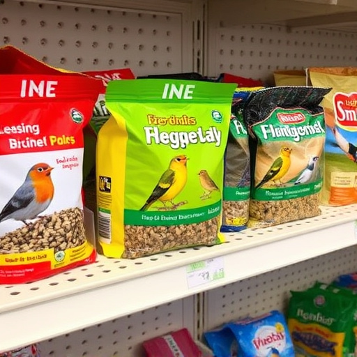 Various bird seed packs on shelf