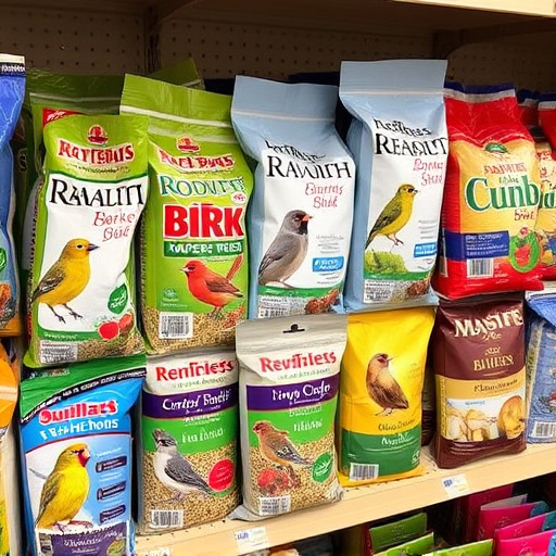 Various bird seed packs on shelf
