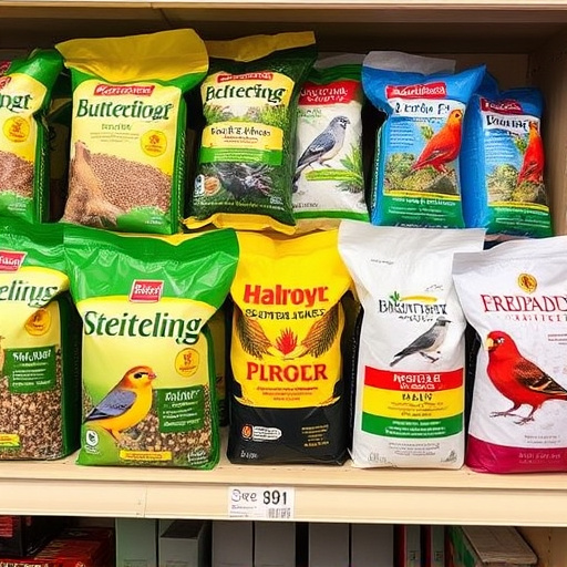 Various bird seed packs on shelf