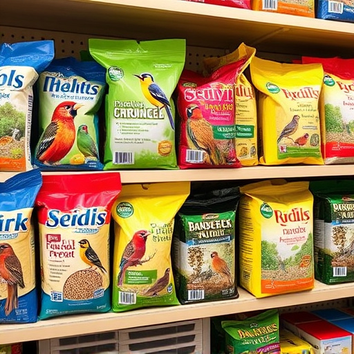 Various bird seed packs on shelf
