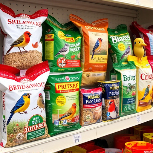 Various bird seed packs on shelf