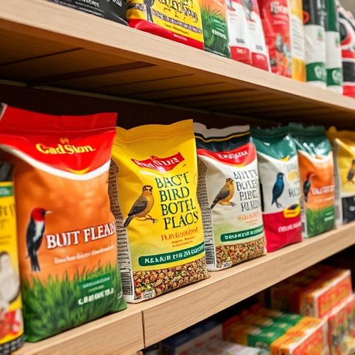 Various bird seed packs on shelf