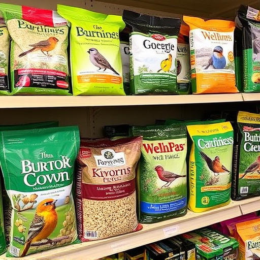 Various bird seed packs on shelf