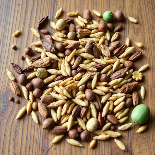 Various seeds spread on wooden table