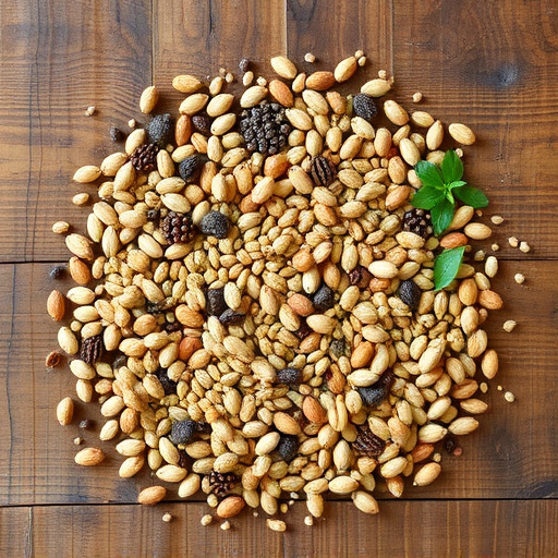 Various seeds spread on wooden table