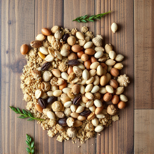 Various seeds spread on wooden table