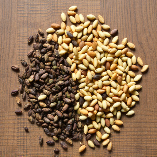 Various seeds spread on wooden table