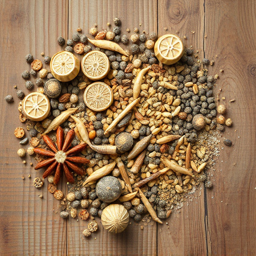 Various seeds spread on wooden table
