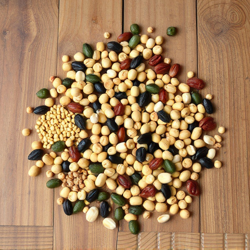Various seeds spread on wooden table