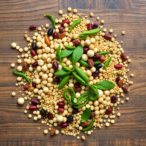 Various seeds spread on wooden table
