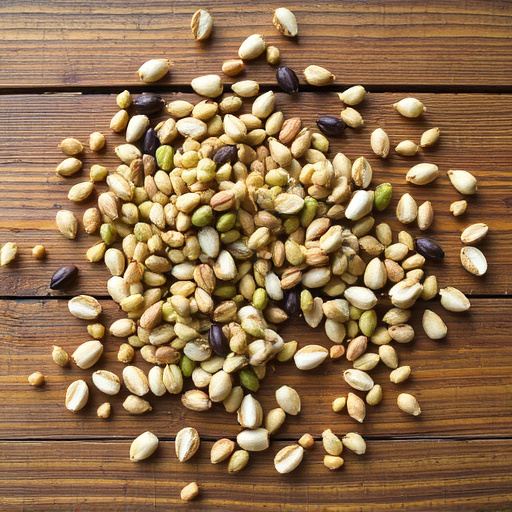 Various seeds spread on wooden table