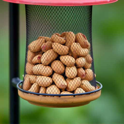 Whole peanuts in mesh bird feeder