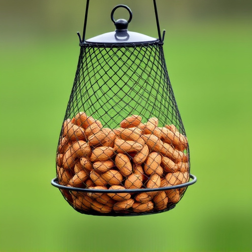Whole peanuts in mesh bird feeder