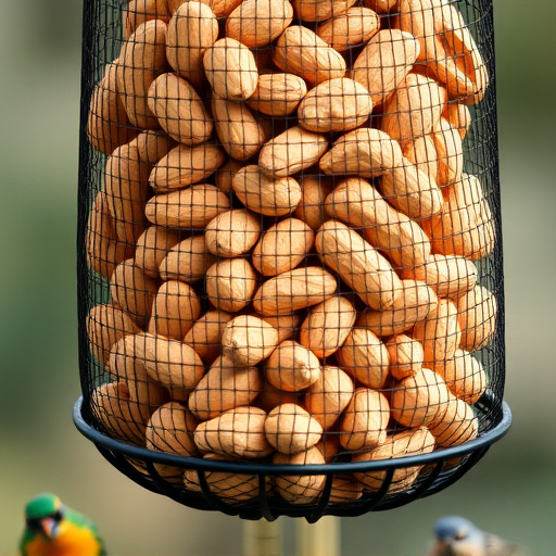 Whole peanuts in mesh bird feeder