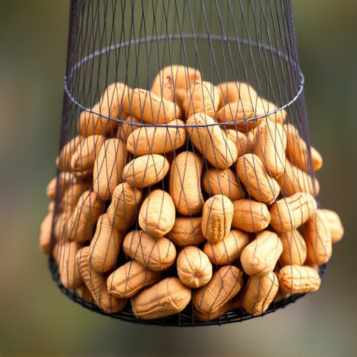 Whole peanuts in mesh bird feeder