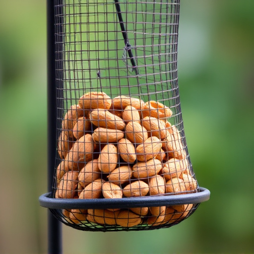 Whole peanuts in mesh bird feeder