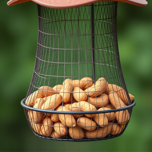 Whole peanuts in mesh bird feeder