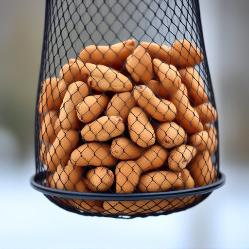 Whole peanuts in mesh bird feeder