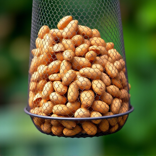Whole peanuts in mesh bird feeder