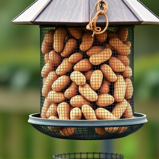 Whole peanuts in mesh bird feeder