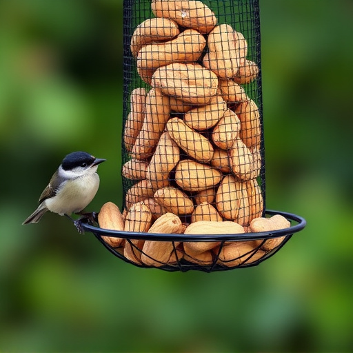 Whole peanuts in mesh bird feeder