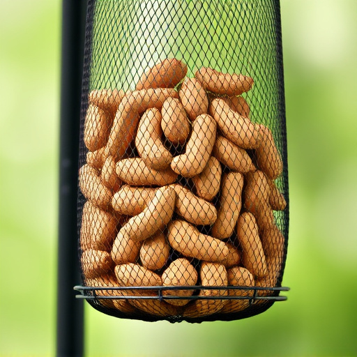 Whole peanuts in mesh bird feeder