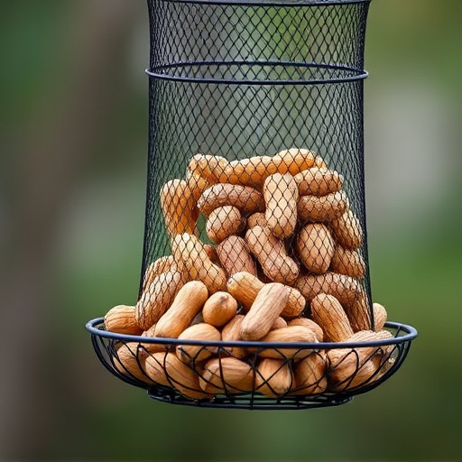 Whole peanuts in mesh bird feeder