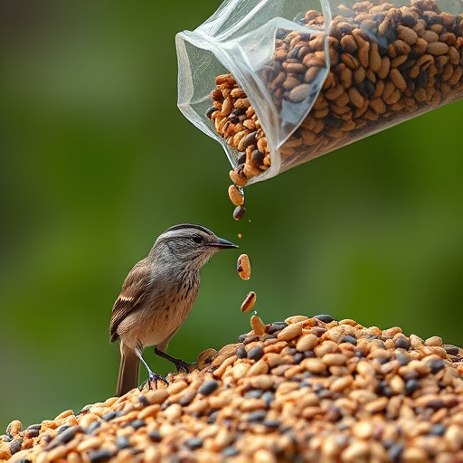 Wild bird seed pouring from bag