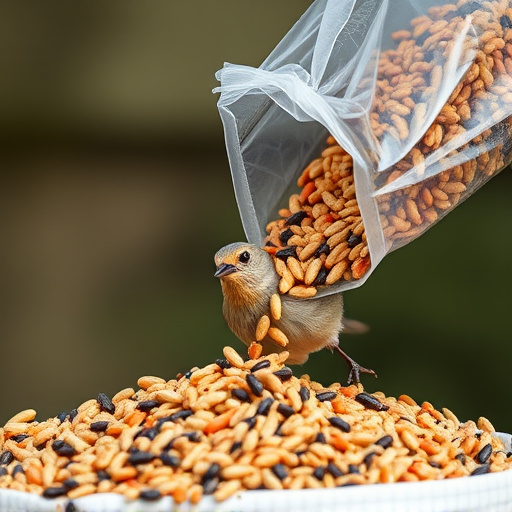 Wild bird seed pouring from bag