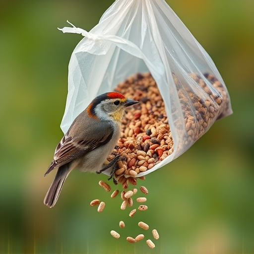 Wild bird seed pouring from bag