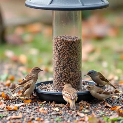 Wild birds eating from ground feeder