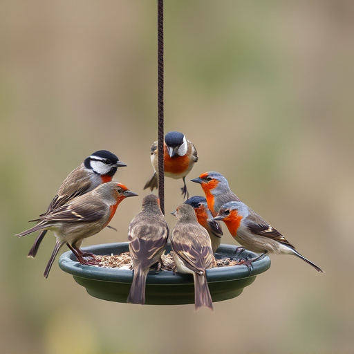 Wild birds eating from ground feeder