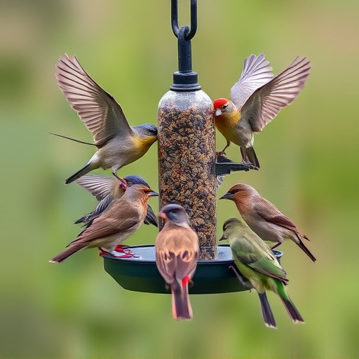 Wild birds eating from ground feeder