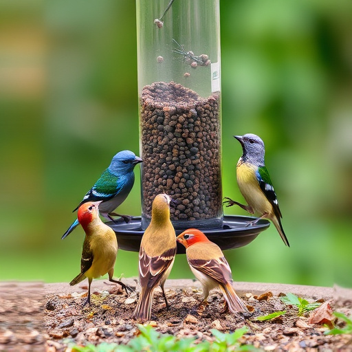 Wild birds eating from ground feeder