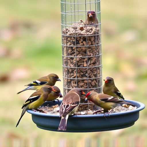 Wild birds eating from ground feeder