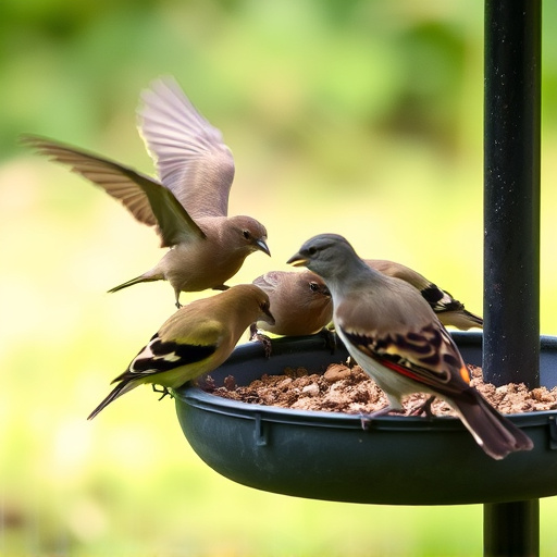 Wild birds eating from ground feeder