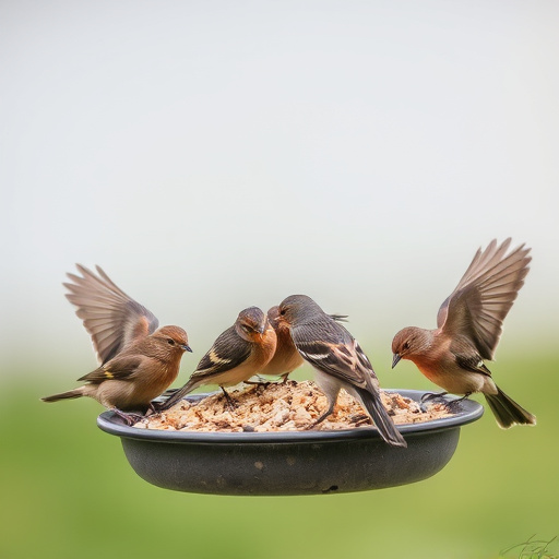 Wild birds eating from ground feeder