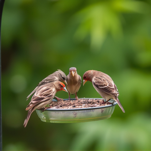Wild birds eating from ground feeder