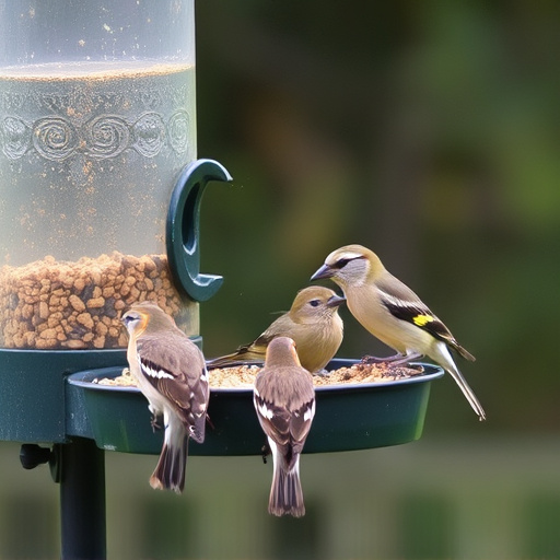 Wild birds eating from ground feeder
