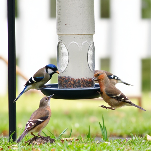 Wild birds eating from ground feeder