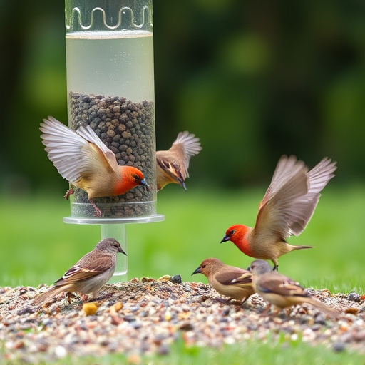 Wild birds eating from ground feeder
