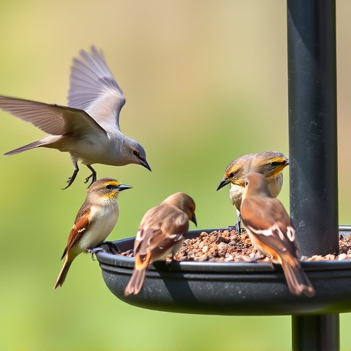 Wild birds eating from ground feeder