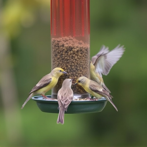 Wild birds eating from ground feeder