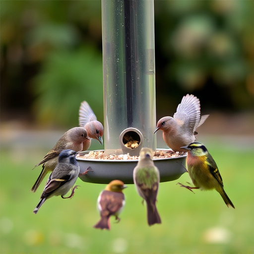 Wild birds eating from ground feeder