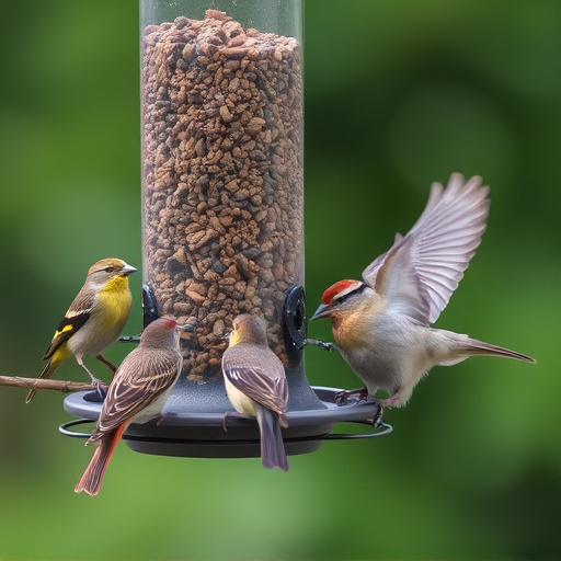 Wild birds eating from ground feeder