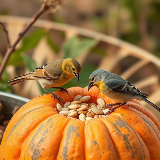 Wild birds eating pumpkin seeds
