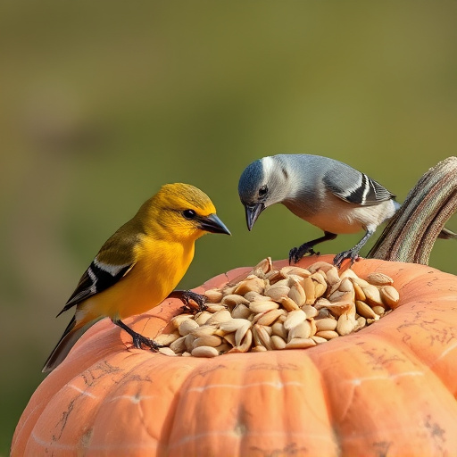 Wild birds eating pumpkin seeds